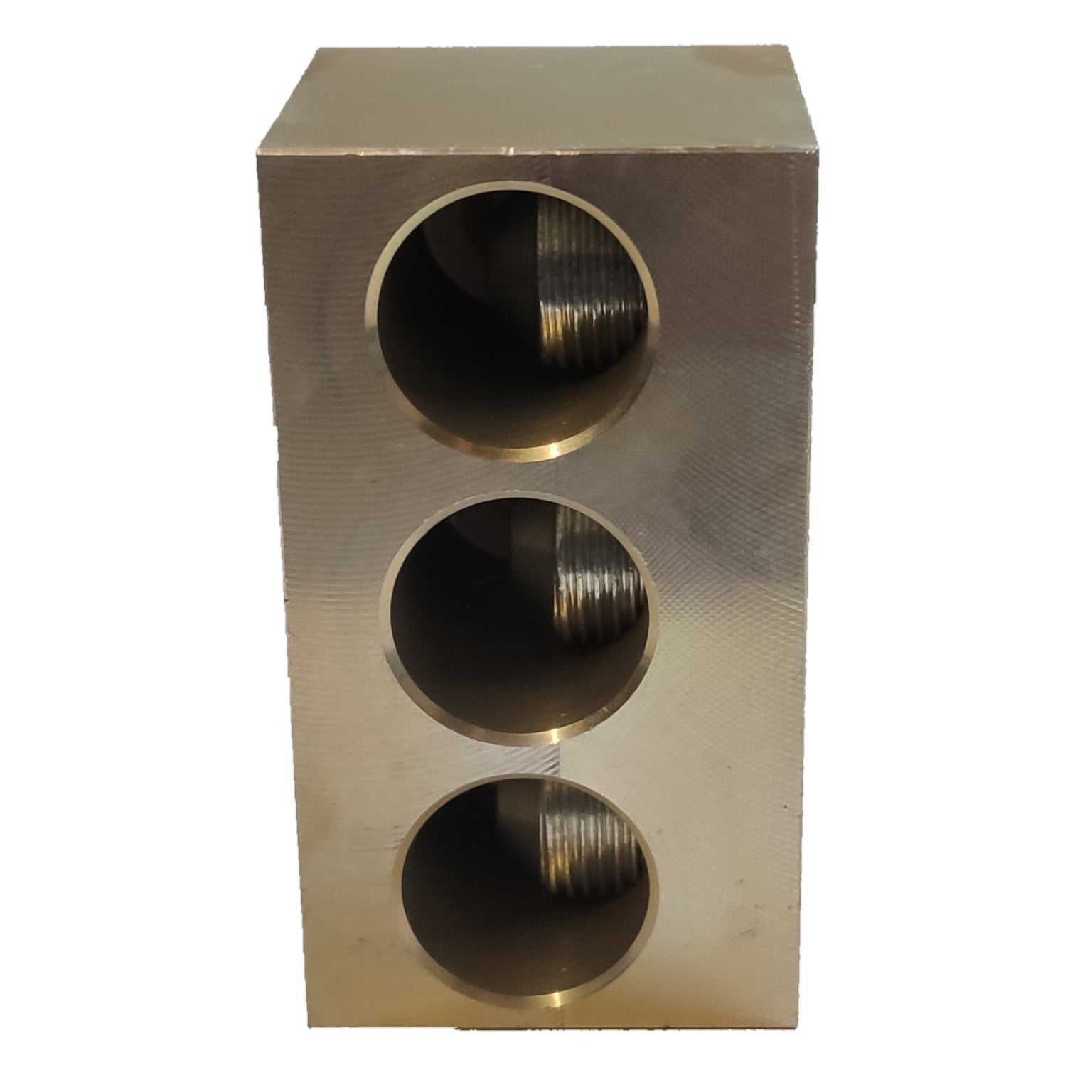 Metallic block with three circular holes on a white background