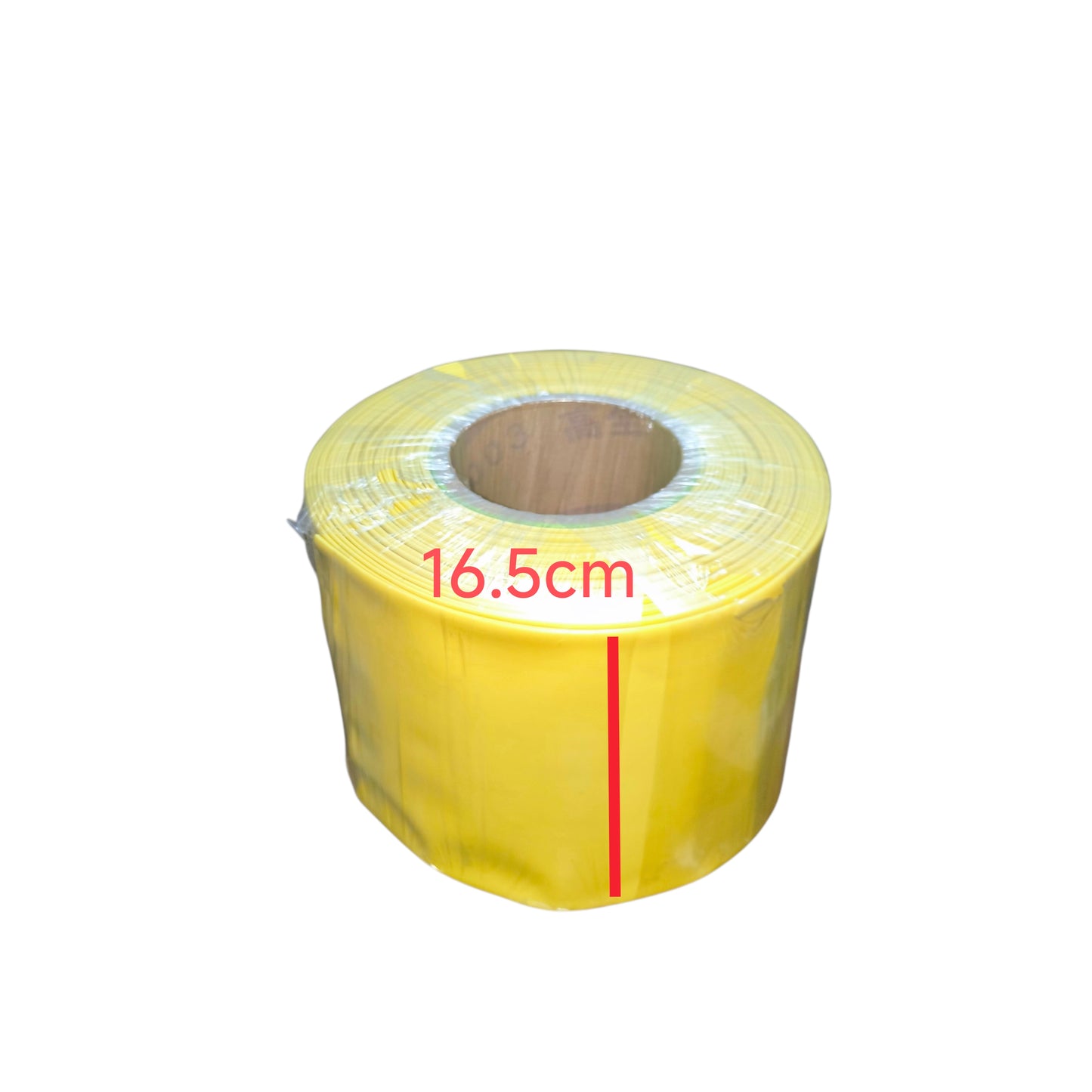 Roll of yellow material with a measurement label on a white background