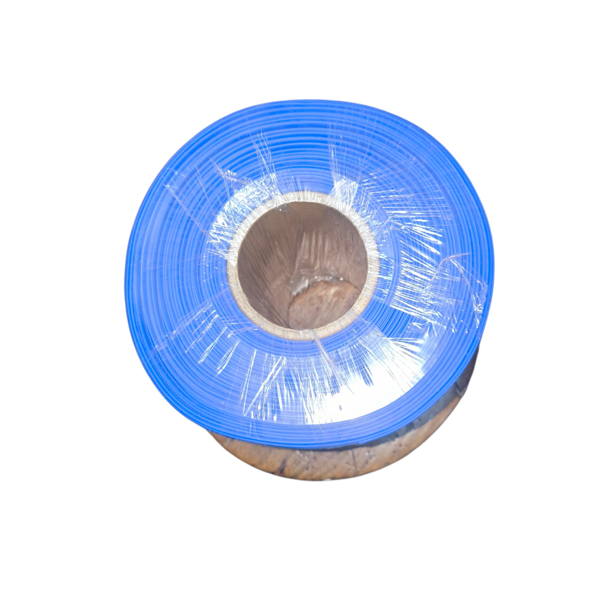 Roll of blue plastic sheeting on a white background