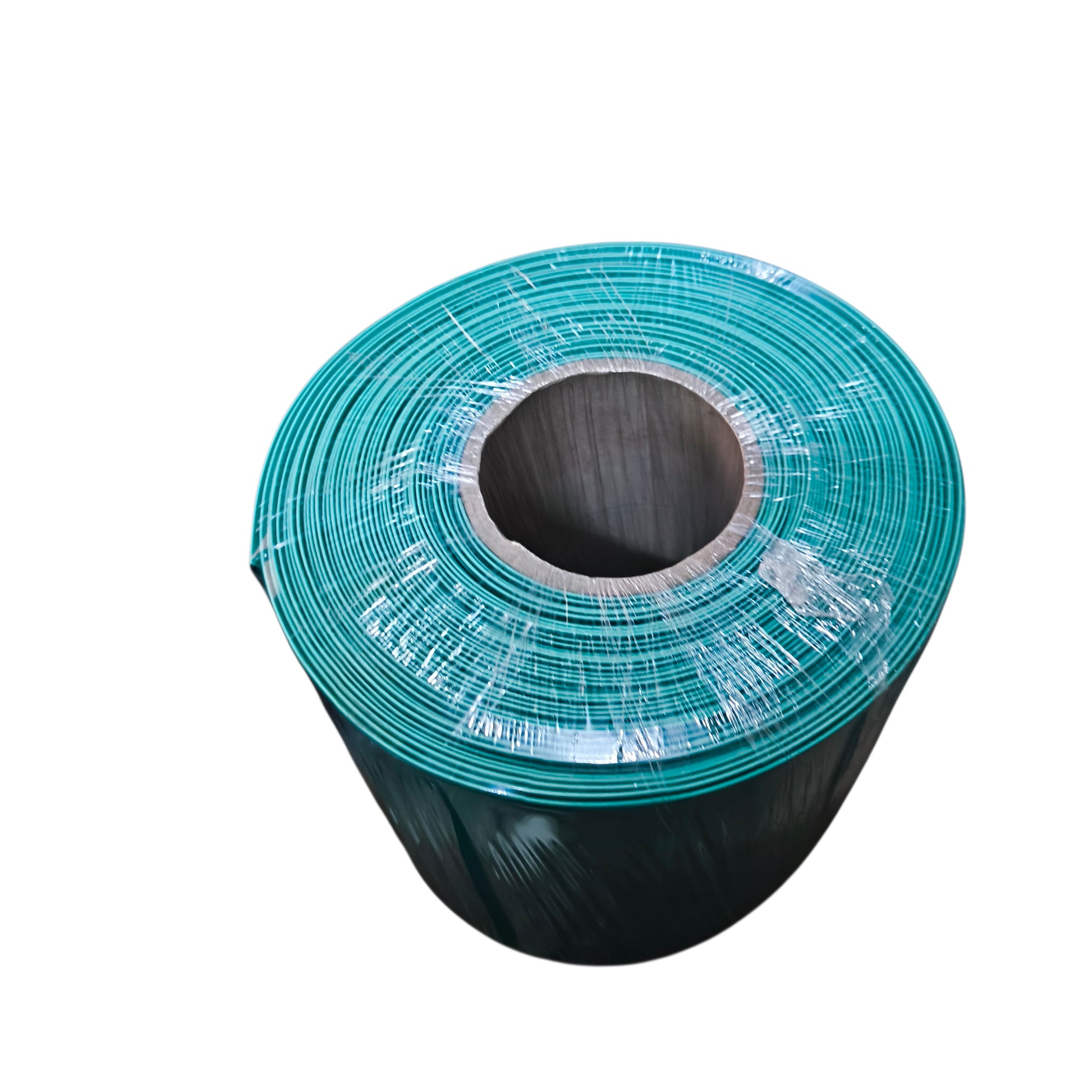 Roll of green plastic sheeting on a white background