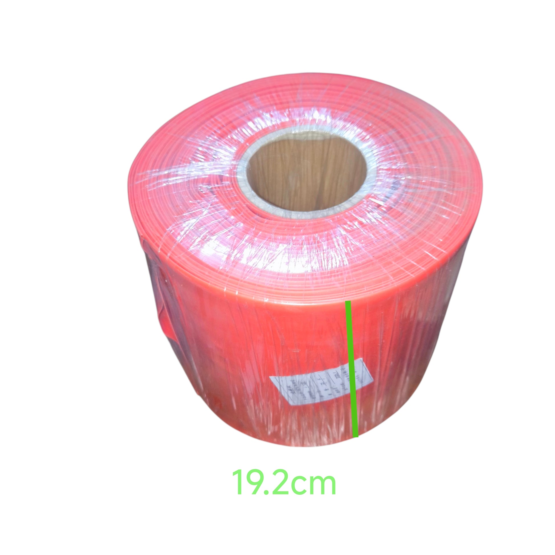 Roll of red plastic wrap with a measurement label on a white background