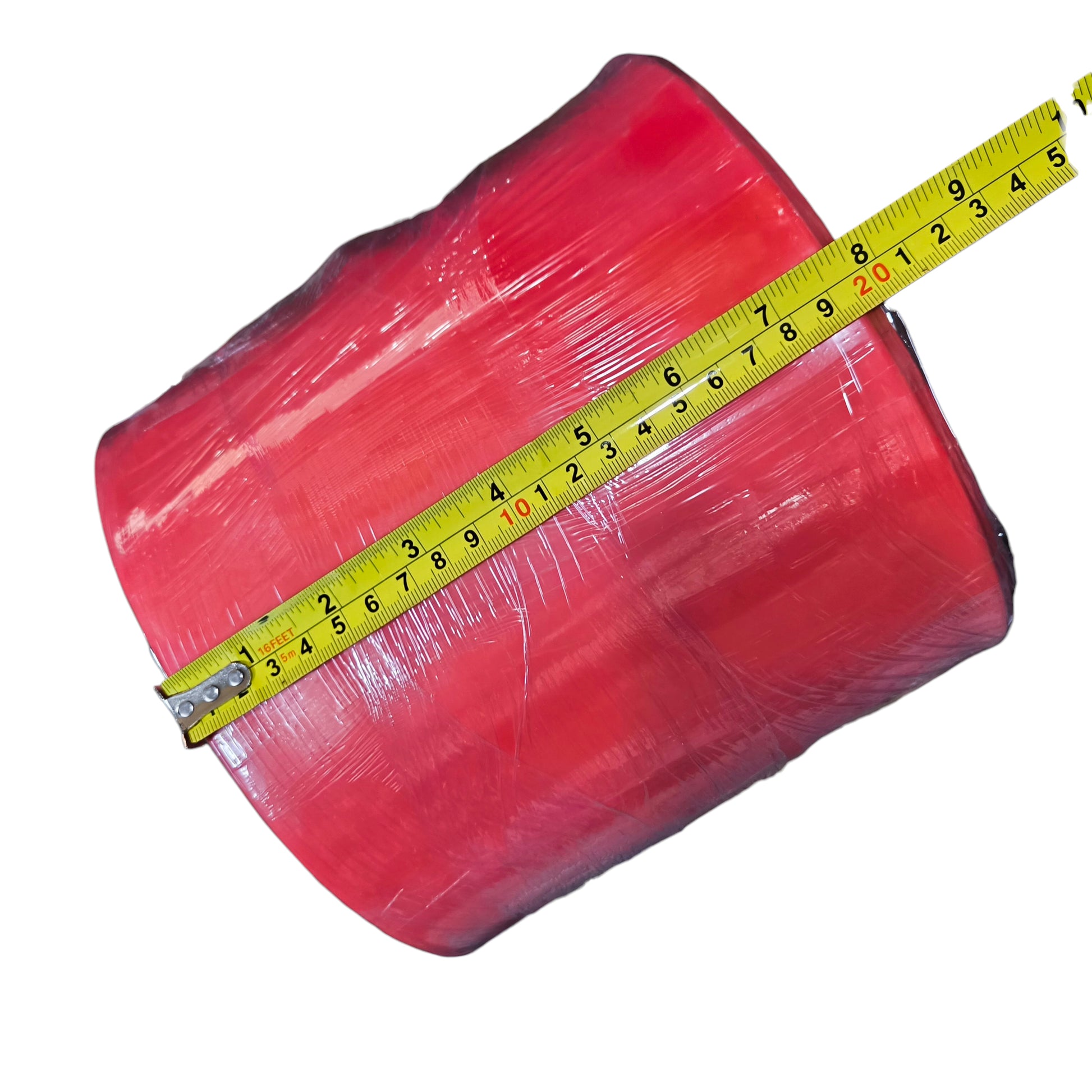 Red plastic bag with a yellow measuring tape on a white background