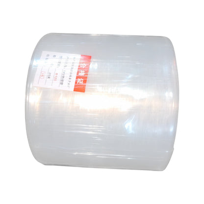 Roll of clear plastic wrap with a label on a white background