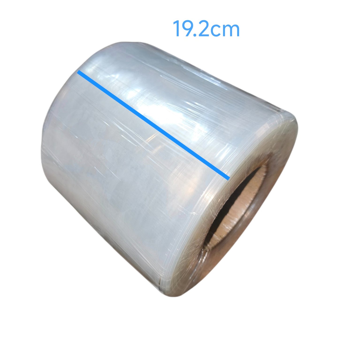 Roll of clear tape with a measurement label on a white background