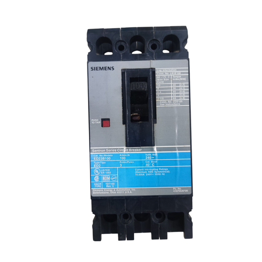 Siemens 100A 3 Pole 3 Phase 50 KAIC 220V Circuit Breaker Industrial Type MCCB ED23B100