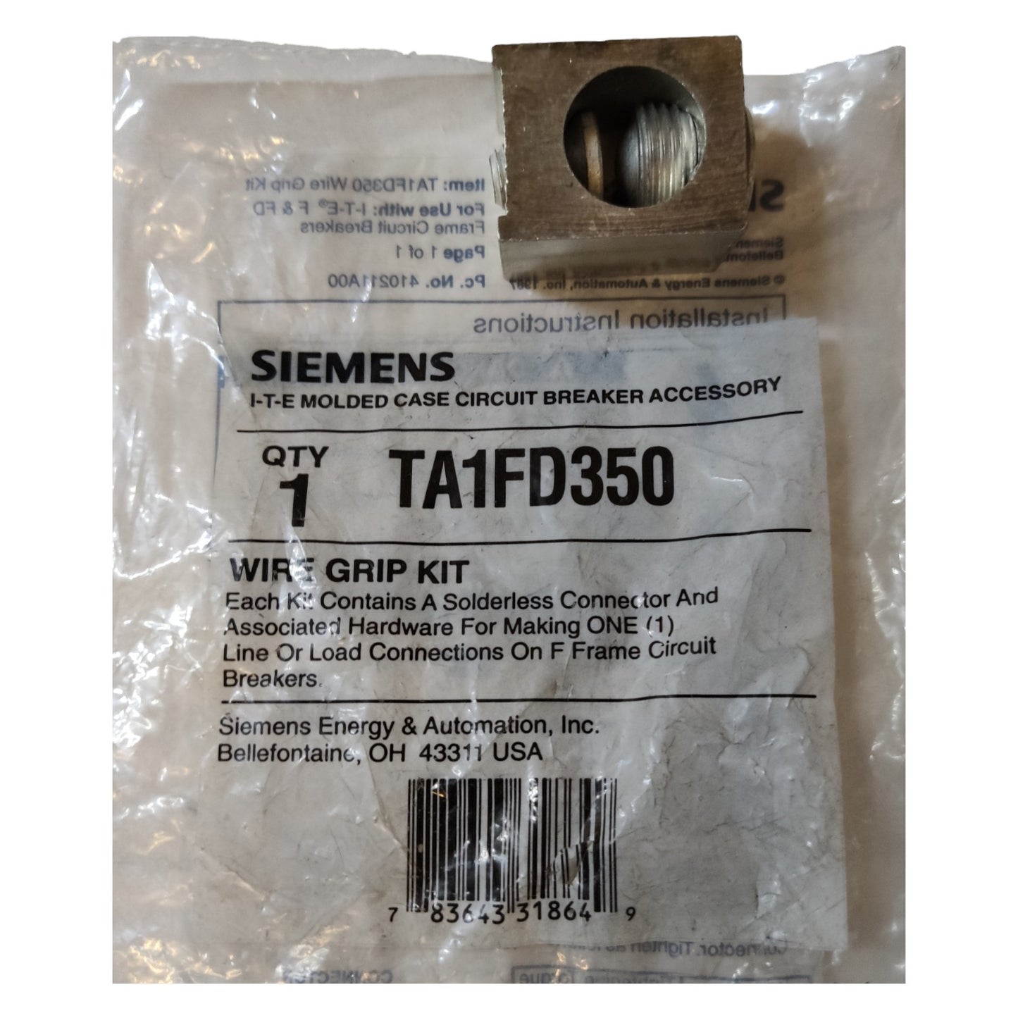 Siemens Mechanical Lug 1 Holes AWG 6 - 350 KCMIL TA1FD350