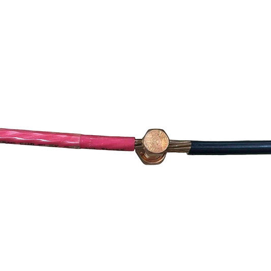 Solderless Connector 1 Bolt 5.5-14MM brass clamp joining red and black stranded wires on black background Solderless Connector Single Bolt for Wire Size 5.5mm - 14mm Copper, S-6 Electx Electrical SUpply