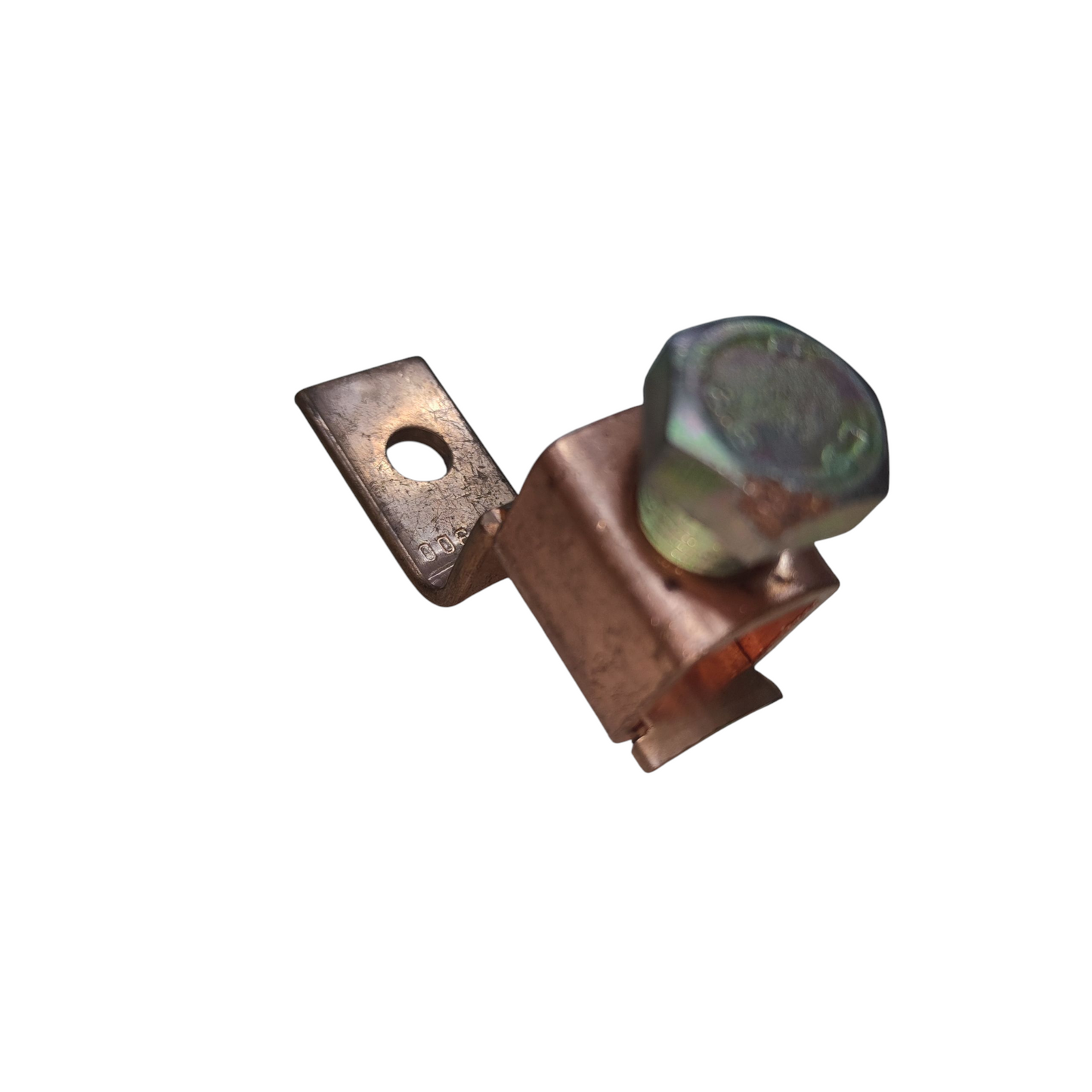 Copper clamp with a greenish knob on a white background Solderless Terminal Lugs 125mm - 175mm Wire Size Copper, SA-300 Electx Electrical Supply