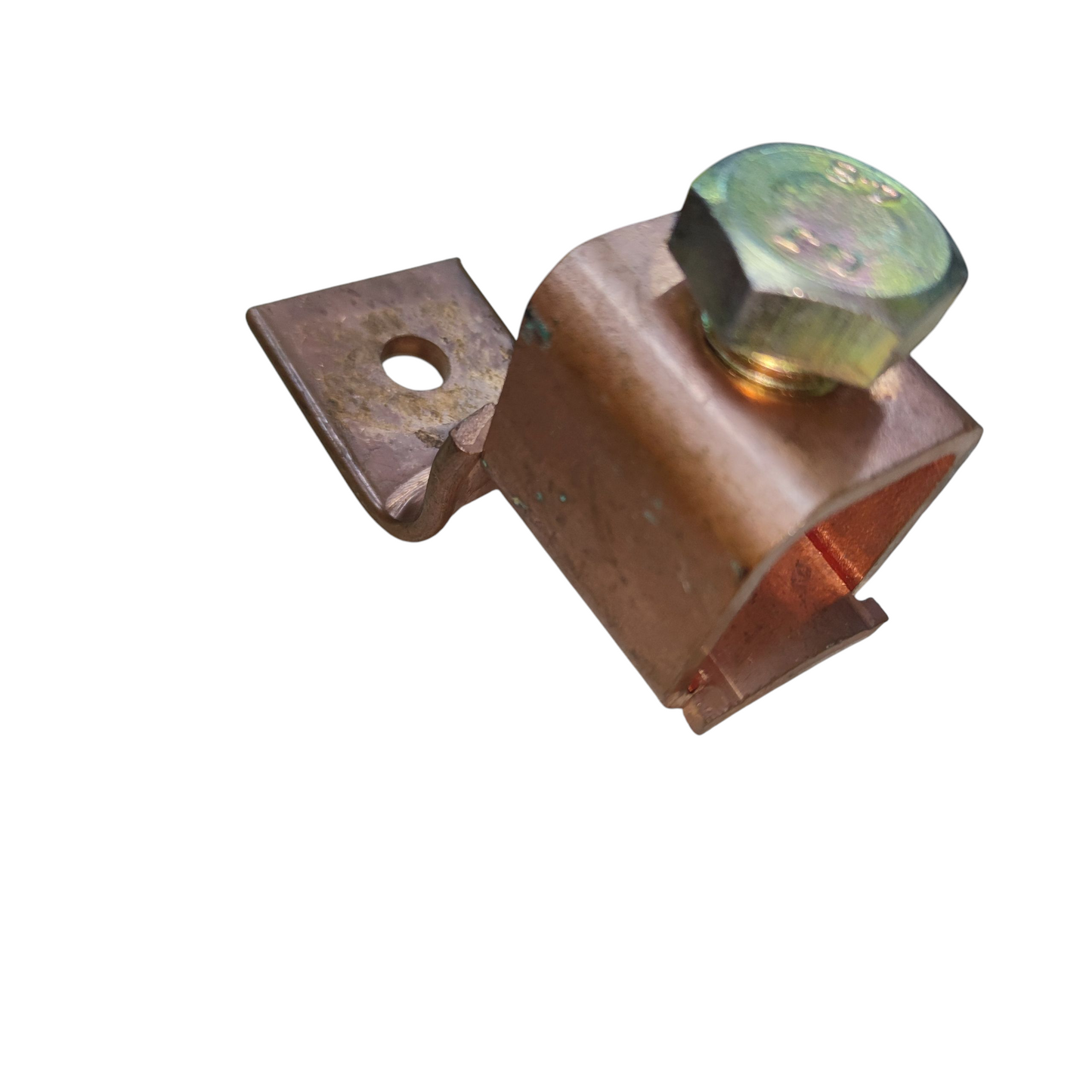 Metal clip with a bolt on a white background Solderless Terminal Lugs 380mm - 500mm Wire Size Copper, SA-650 Electx Electrical Supply