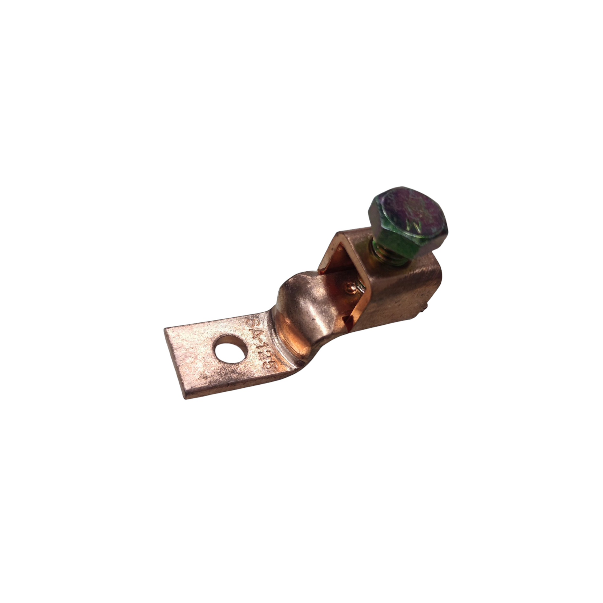 Copper electrical connector with a green insulator on a white background Solderless Terminal Lugs 38mm-50mm Wire Size Copper, AWG1/0 SA-125 Electx Electrical Supply