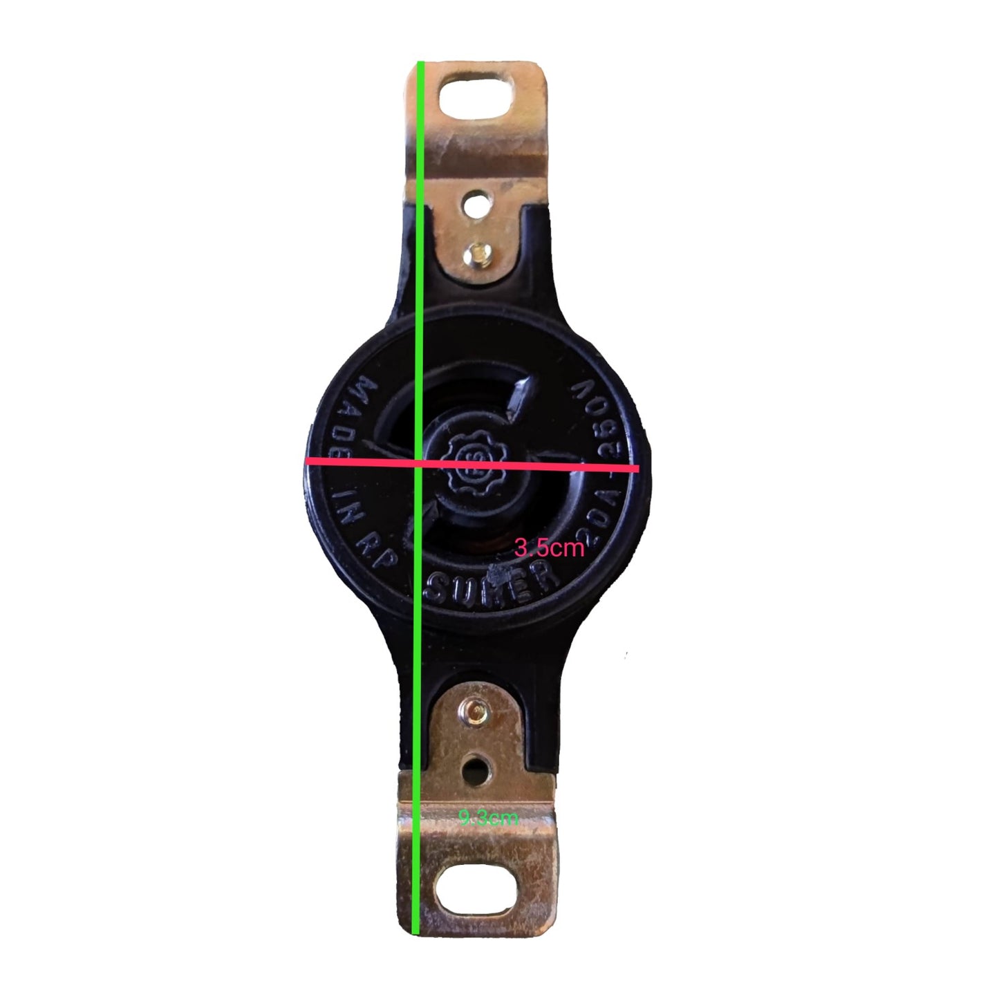 Black mechanical component with measurement details on a white background Surer 20A 250V Twist Lock Outlet 116 Twistlock Outlet Flush Type Twist to Lock Electx Electrical SUpply