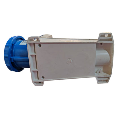Mechanical component with blue and beige colors on a white background