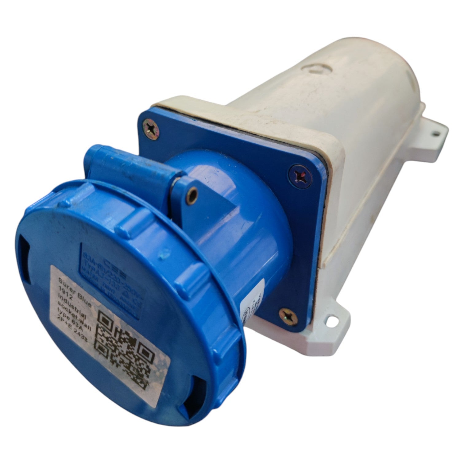 Blue and white electrical connector with QR code label on a white background