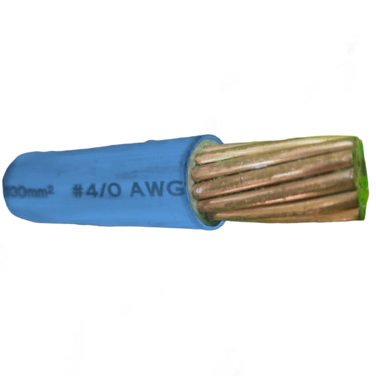 Wire with blue insulation and bare copper core on a white background