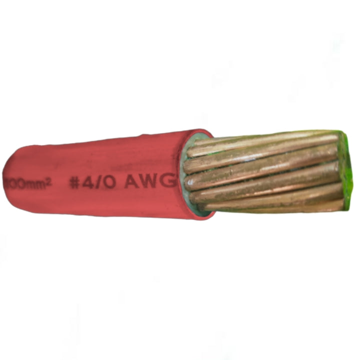 Wire with red insulation and bare copper core on a white background