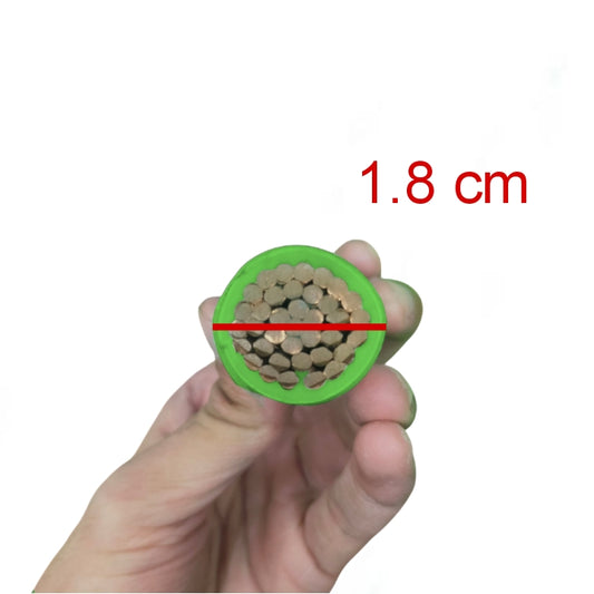 Hand holding a cylindrical object with a green circle and red measurement line, showing a diameter of 1.8 cm.