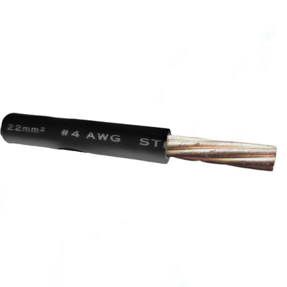 Wire with black insulation and exposed copper core on a white background