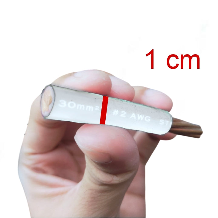 Hand holding a cable with measurement markings on a white background