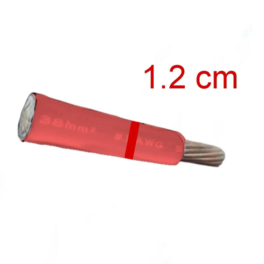 Red electrical cable with a measurement of 1.2 cm on a white background