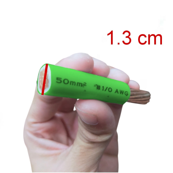 Hand holding a green cable identifier with measurements on a white background