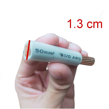Hand holding a cable with specifications labeled on a white background