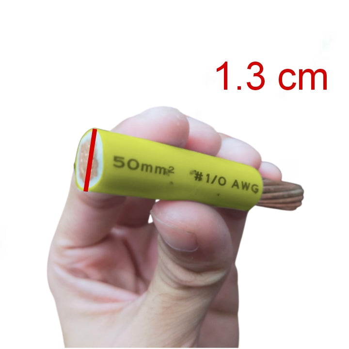 Hand holding a yellow cable with specifications, labeled '1.3 cm' in red text.