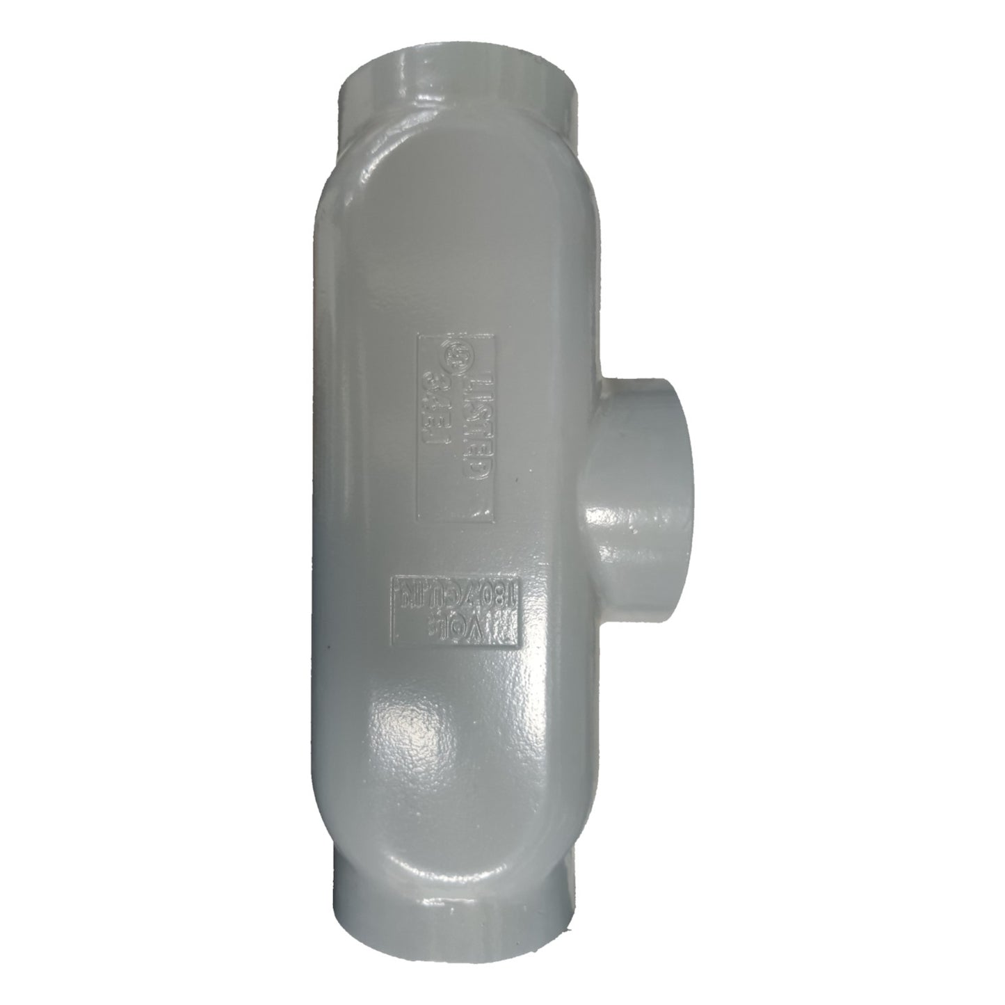 Gray plastic pipe fitting on a white background