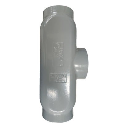 Gray plastic pipe fitting on a white background