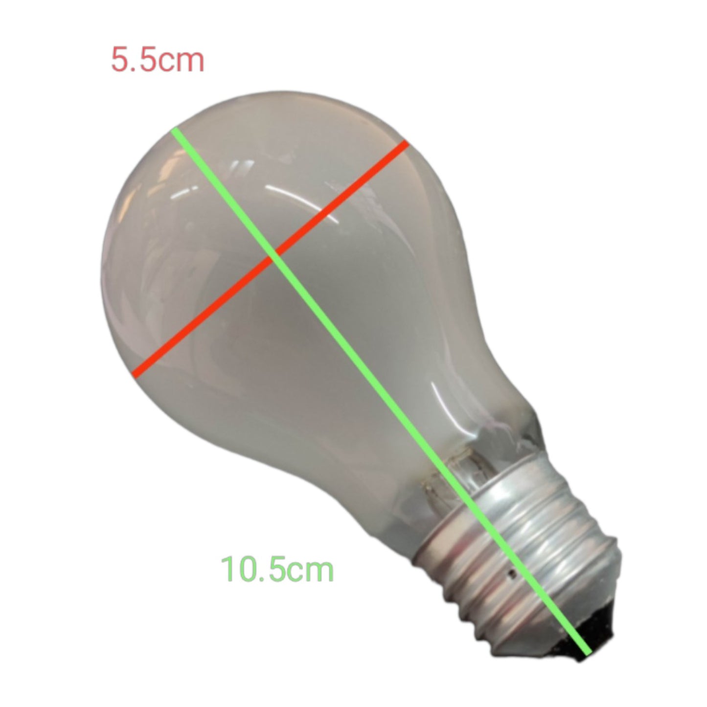 Light bulb with measurements marked on a white background