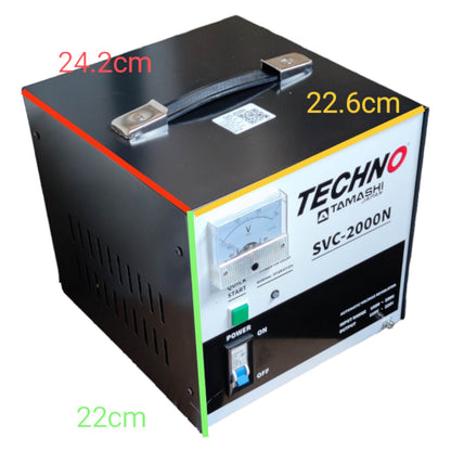 Techno Tamashi SVC-2000N voltage regulator with dimensions labeled on a white background