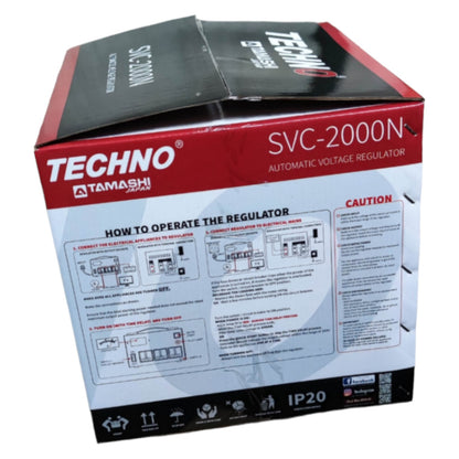 Box of Techno Tamashi SVC-2000N Automatic Voltage Regulator with instructions and branding.