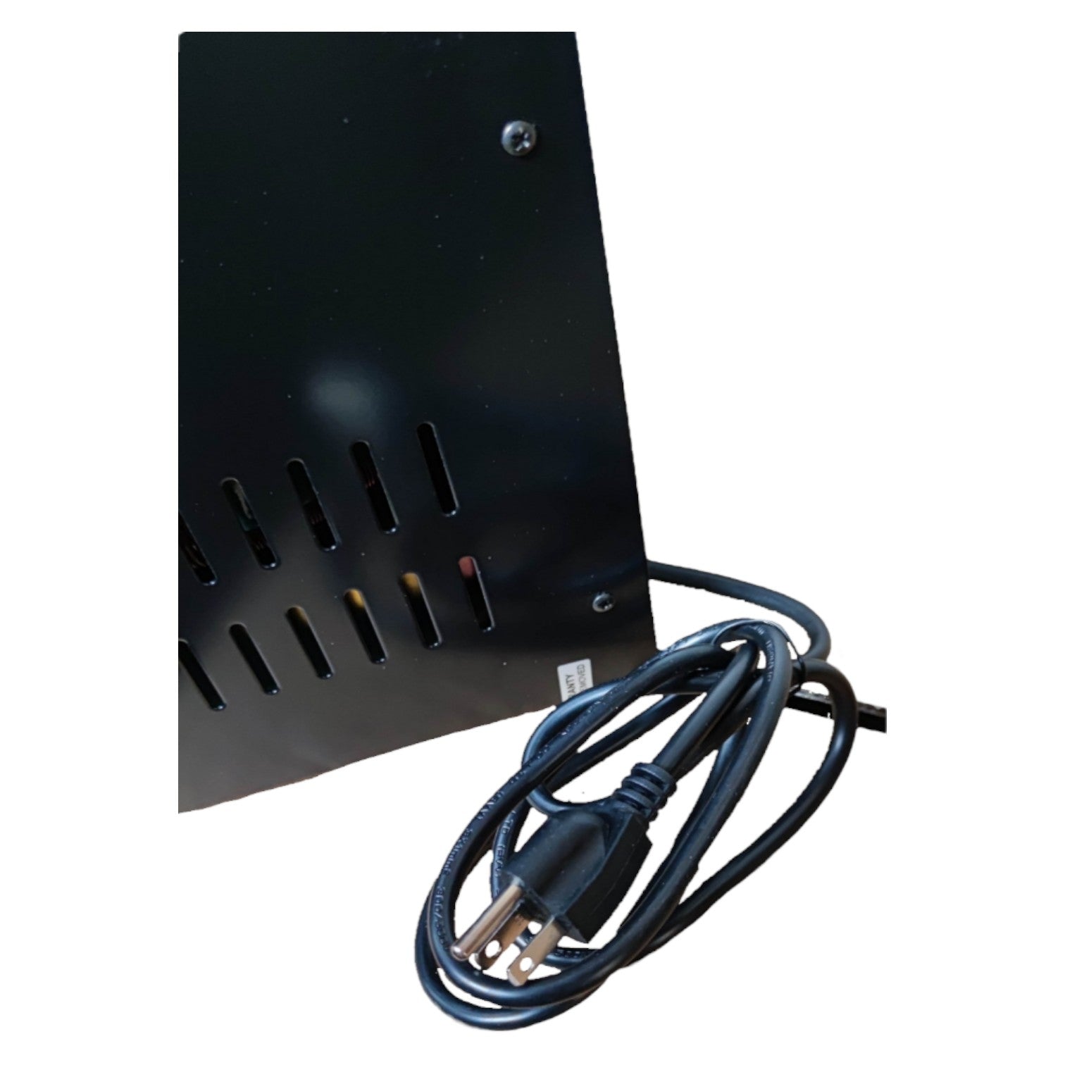 Black metal panel with a power cord on a white background
