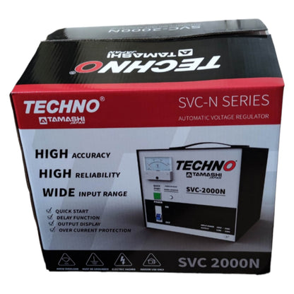 Box of Techno Tamashi SVC-N Series automatic voltage regulator on a white background