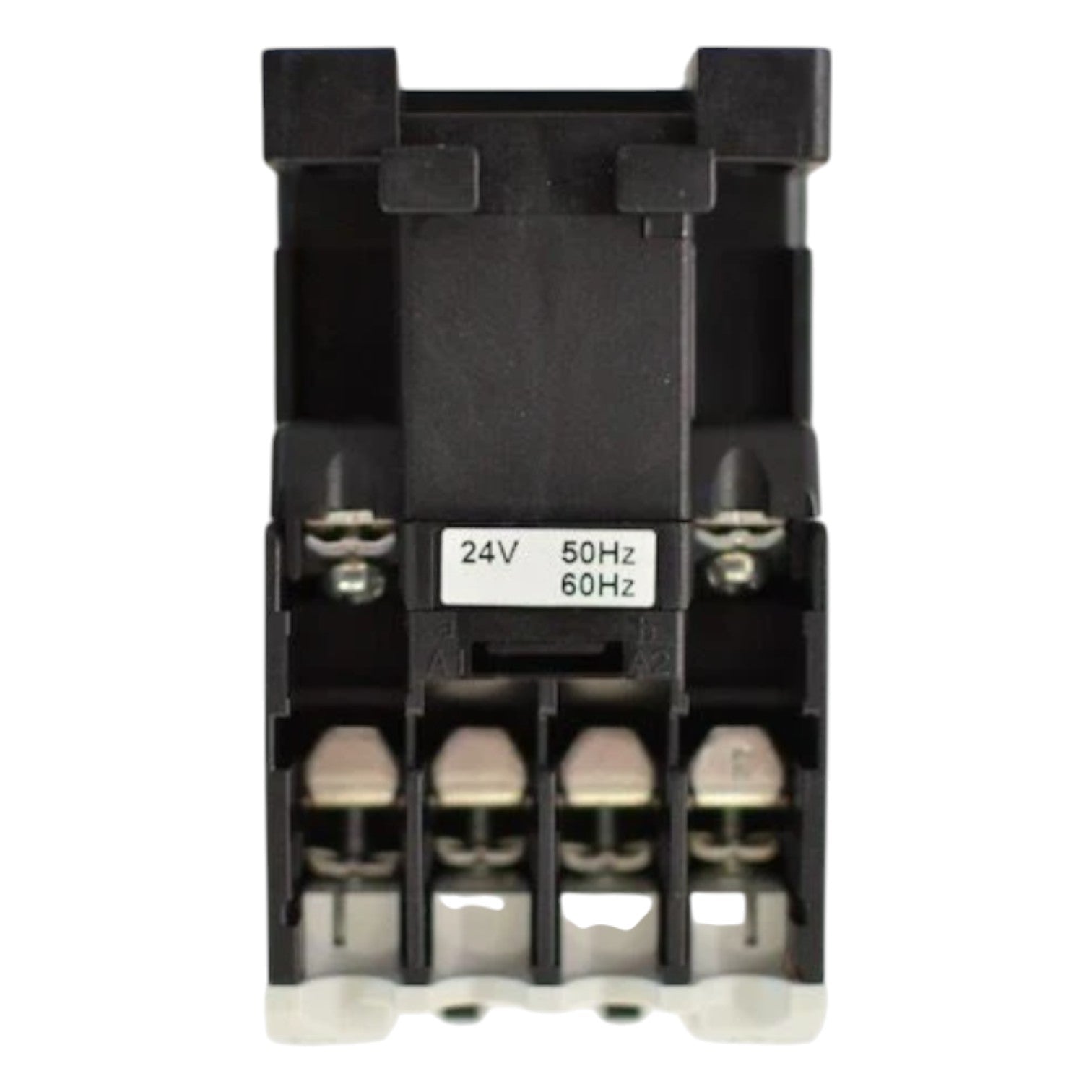 Black electrical component with rating label on a white background