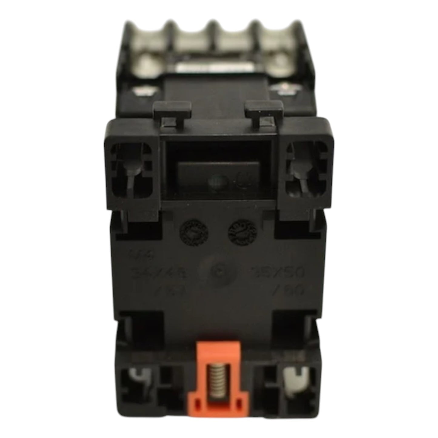Black electrical contactor on a white background