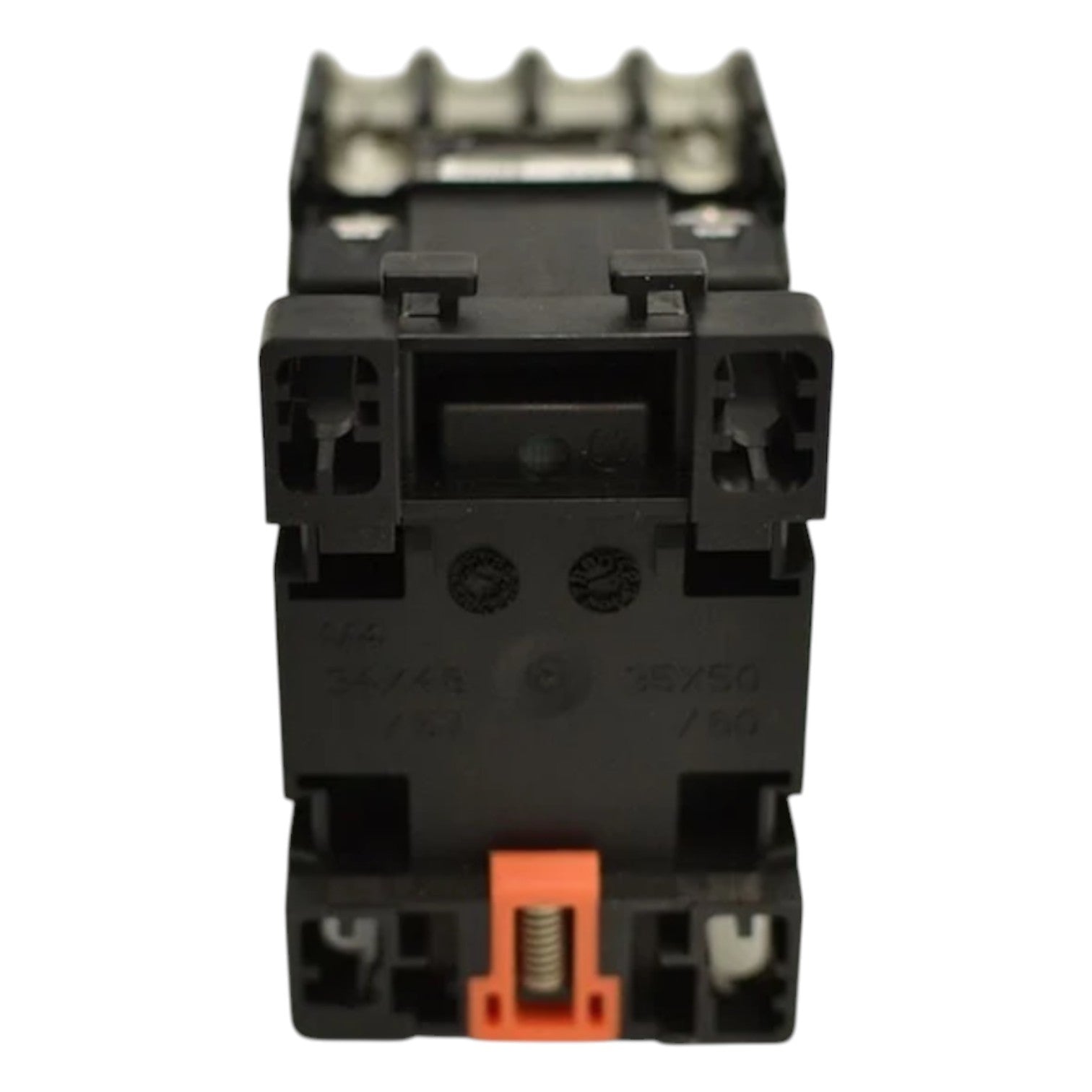 Black electrical contactor on a white background