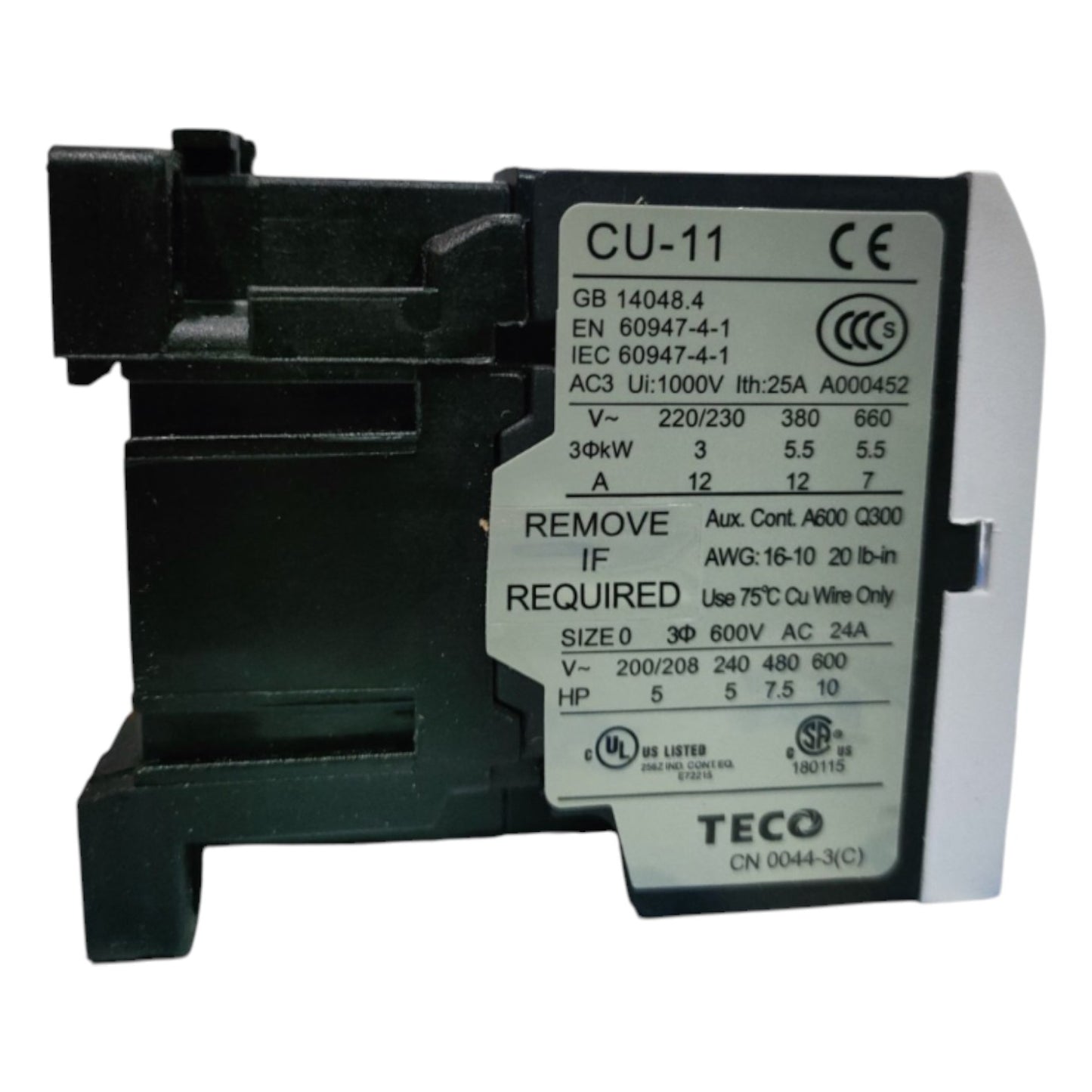 Electrical contactor with label on a white background