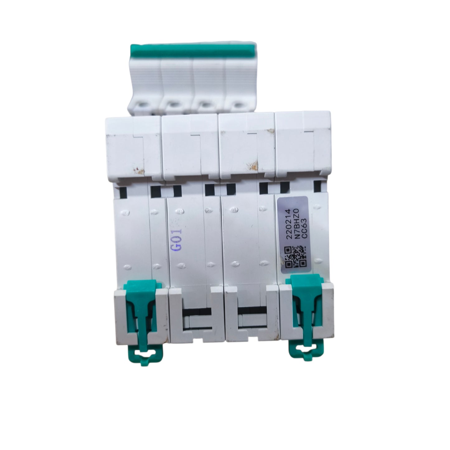 Electrical circuit breaker with green and white color scheme on a white background