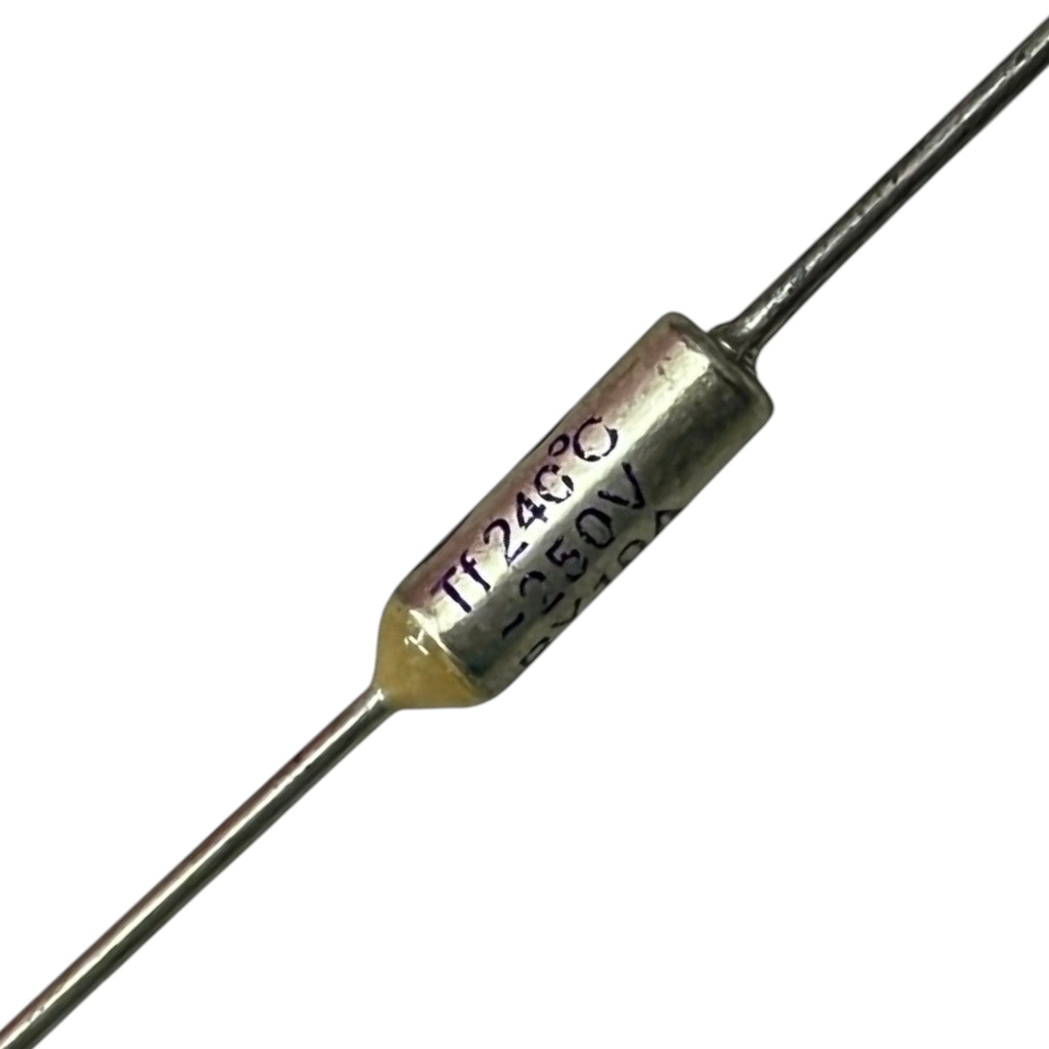 Metallic cylindrical component with two leads on a white background
