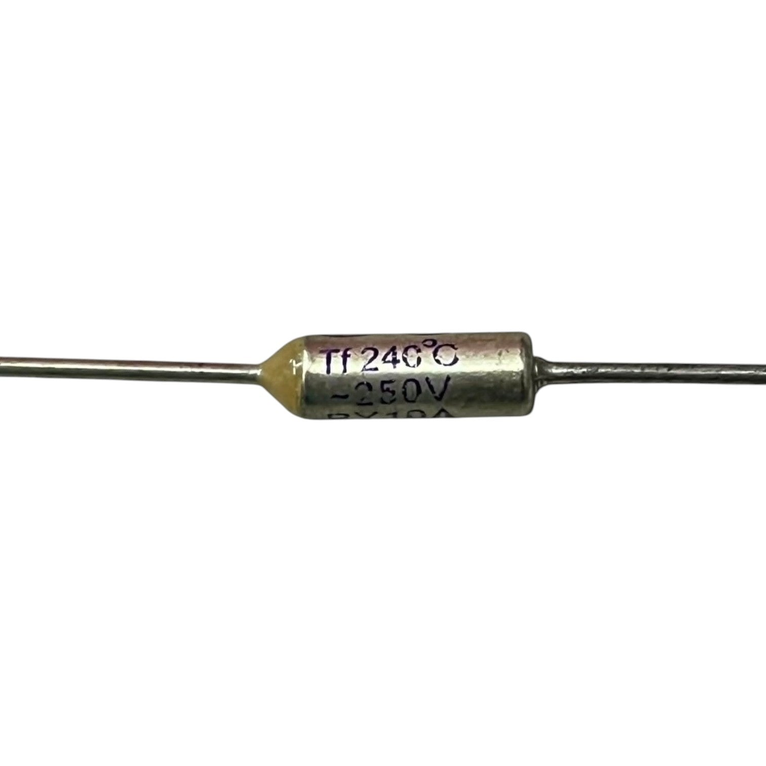Metallic resistor with labeled temperature and voltage on a white background