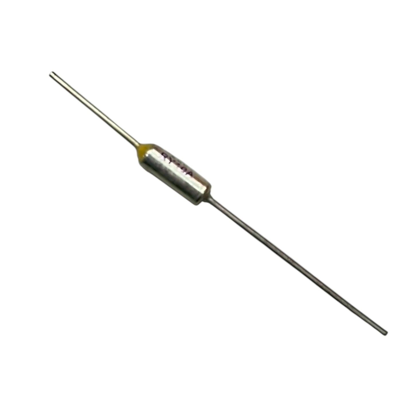 Metallic cylindrical component with two leads on a white background