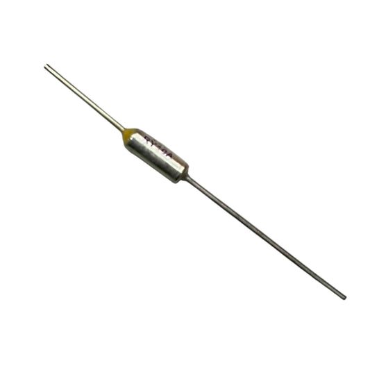 Metallic cylindrical component with two leads on a white background