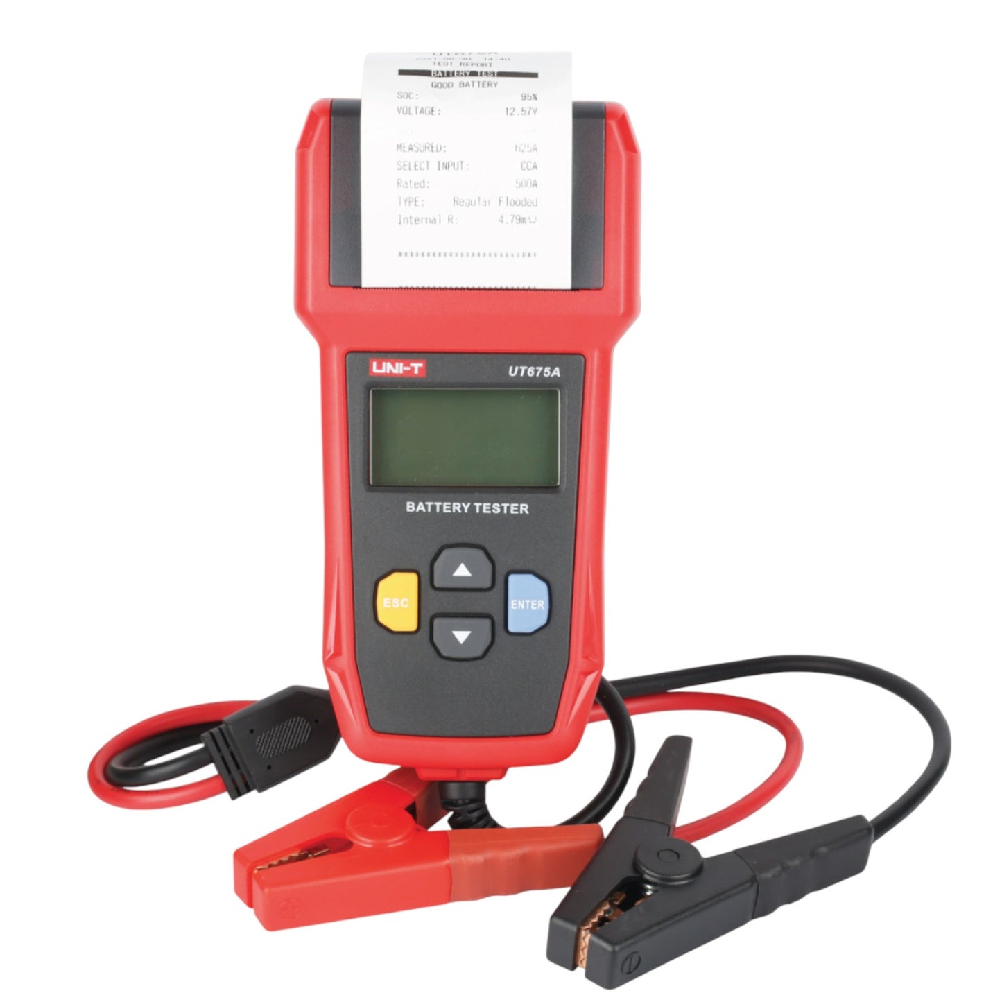 Red battery tester with digital display and clip leads on a white background UNI-T Digital Battery Tester with Thermal Printer UT675A 12V or 24V DC Max 250Ah Capacity Electx Electrical Supply