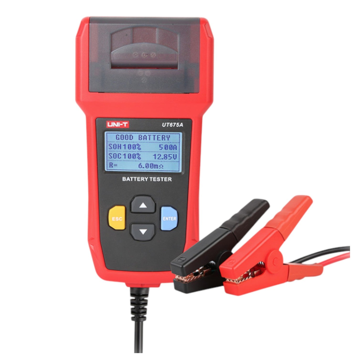 Red battery tester with digital display on a white background UNI-T Digital Battery Tester with Thermal Printer UT675A 12V or 24V DC Max 250Ah Capacity Electx Electrical Supply