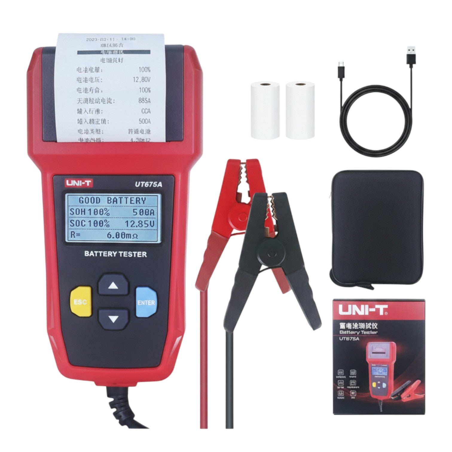 Battery tester with clamps, cables, and packaging on a white background UNI-T Digital Battery Tester with Thermal Printer UT675A 12V or 24V DC Max 250Ah Capacity Electx Electrical Supply