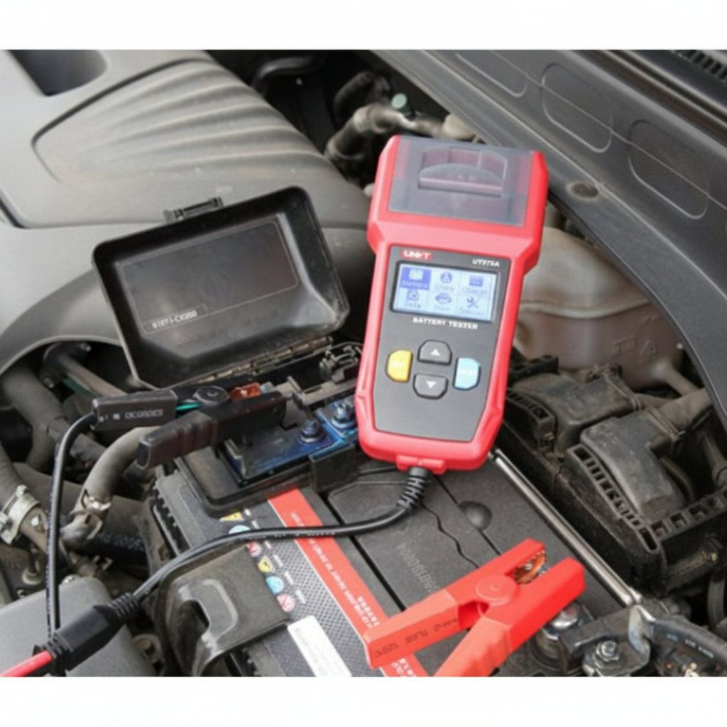 Car diagnostic tool on a car battery with open hood UNI-T Digital Battery Tester with Thermal Printer UT675A 12V or 24V DC Max 250Ah Capacity Electx Electrical Supply
