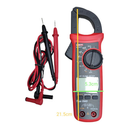 Red and black clamp multimeter with probes on a white background UNI-T Digital Clamp Multimeter 400A AC 600V AC/DC True RMS UT-201+ Electx Electrical Supply
