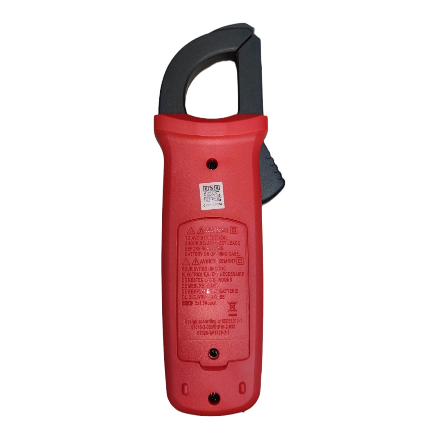 Red clamp meter with black handle on a white background UNI-T Digital Clamp Multimeter 400A AC 600V AC/DC True RMS UT-201+ Electx Electrical Supply
