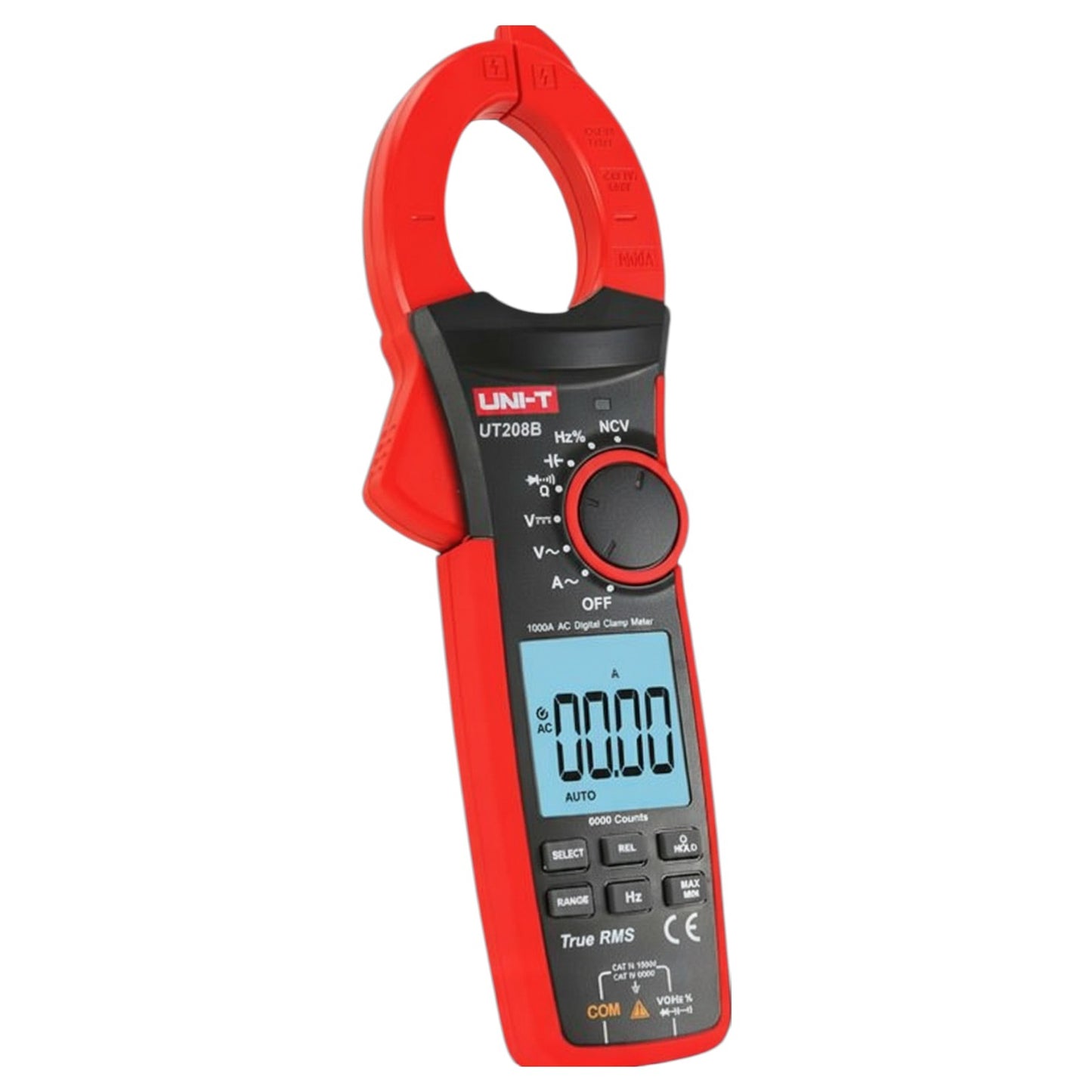 Red digital clamp meter with UNI-T branding on a white background UNI-T Digital Clamp Tester True RMS 1000A Capacity UT208B Electx Electrical Supply