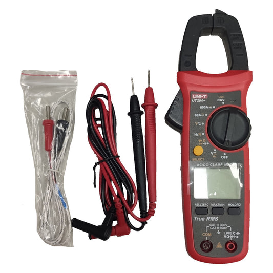 Red clamp multimeter with cables and probes on a white background UNI-T Digital Clamp Tester with Digital LCD Multimeter UT-204+ 600A DC / AC